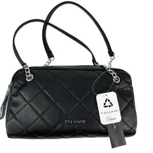 Tahari Calista Vegan Leather Satchel Black Quilted New